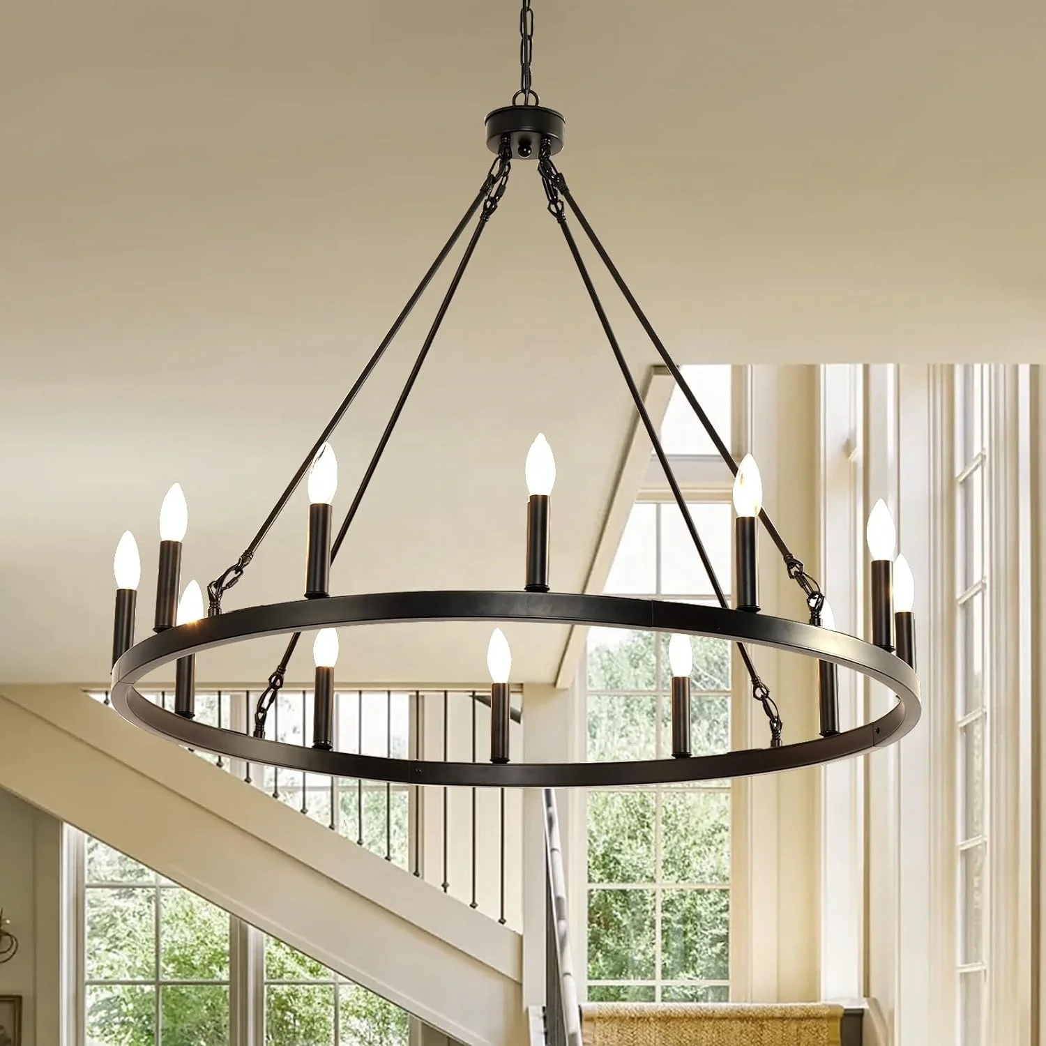 Candle Style Wagon Wheel Chandelier Black 12-Light,Modern Wagon Wheels Chandeliers-38-Inch