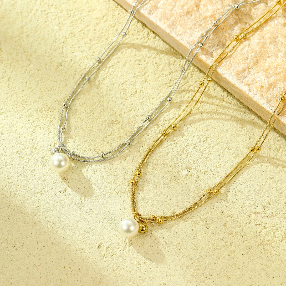 New Trendy Dainty snake Chain Stainless Steel waterproof Double Satellite chain Choker Pearl Pendant Multi Layer Pearl Necklace