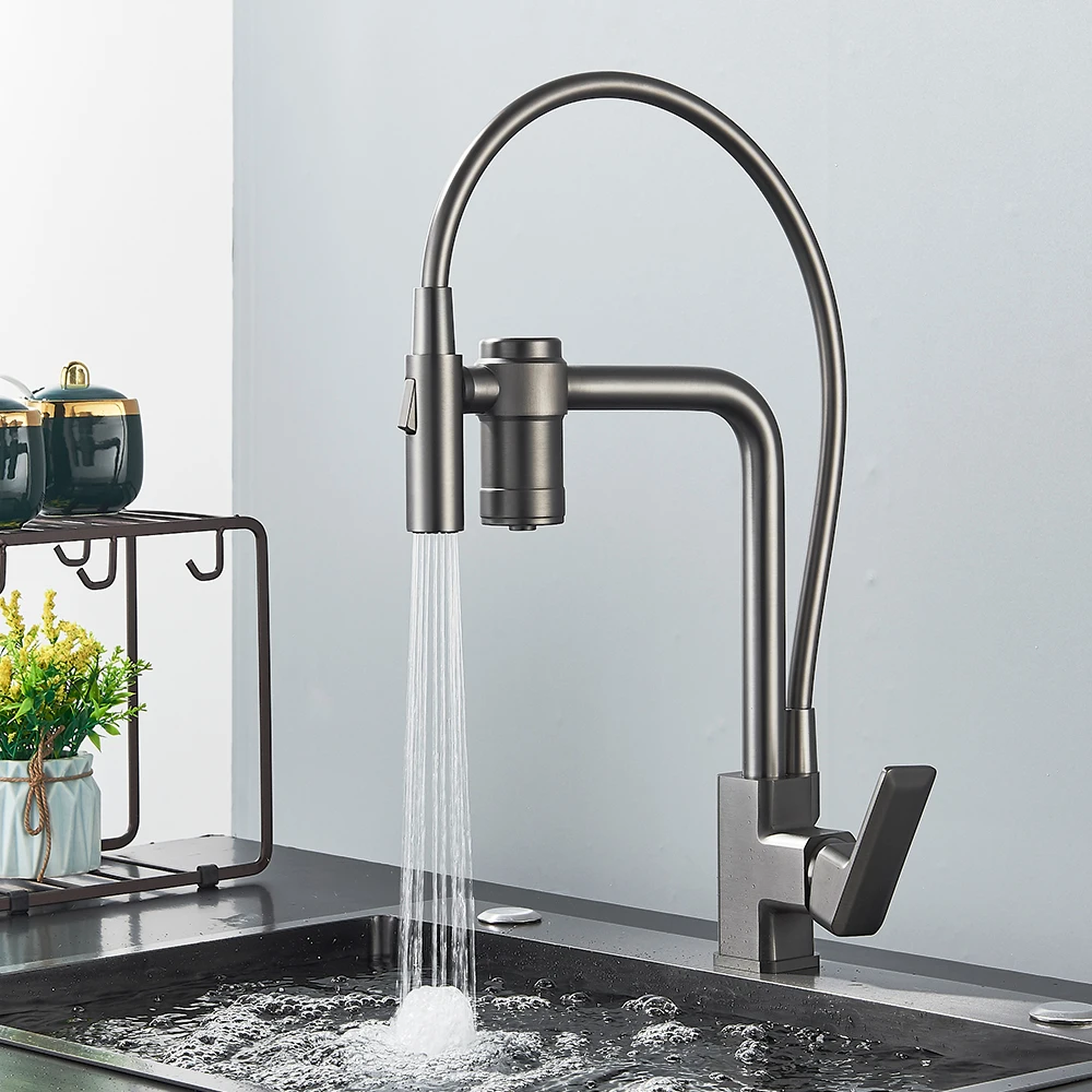 Gun Grey Filter Water Kitchen Faucet Black Pull Down 2 in 1 Sprayer Brass Drinking Tap 360 Swivel Purification Mixer Taps