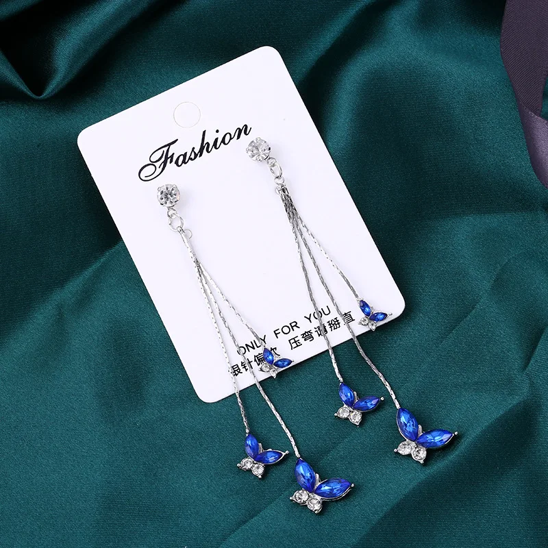 925 Silver Crystal Butterfly Earrings Long Tassel Earrings for Women