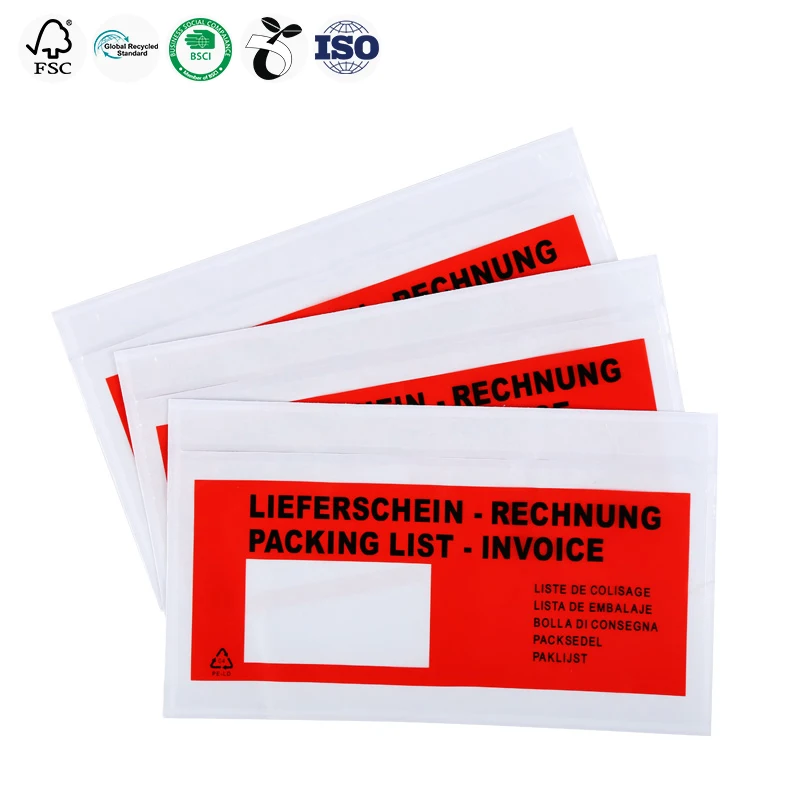 Strong Self Adhesive Biodegradable Shipping Label Pouch Red Packing List Envelope