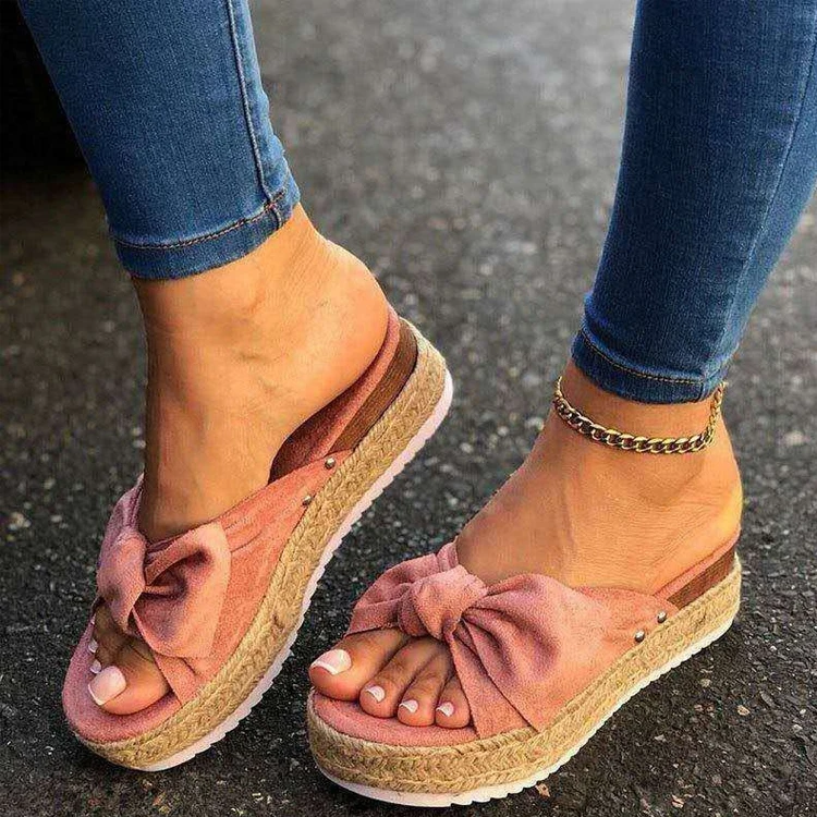 Wholesale 2024 Women Bow Sandals Beach Canvas Hemp Outsole Platform Slippers