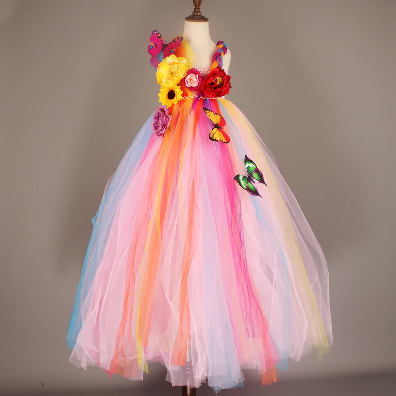 New Arrival Kids Birthday Party Clothes Fairy Girl Pageant Pink Flower Girls Princess Wedding Ball Gowns Tutu Dress
