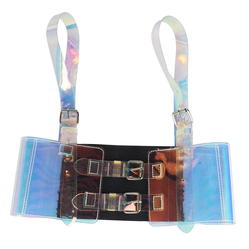 European and American iridescent clear PVC metal buckle wide belt for women PVC dazzling decoration elastic wide belt female