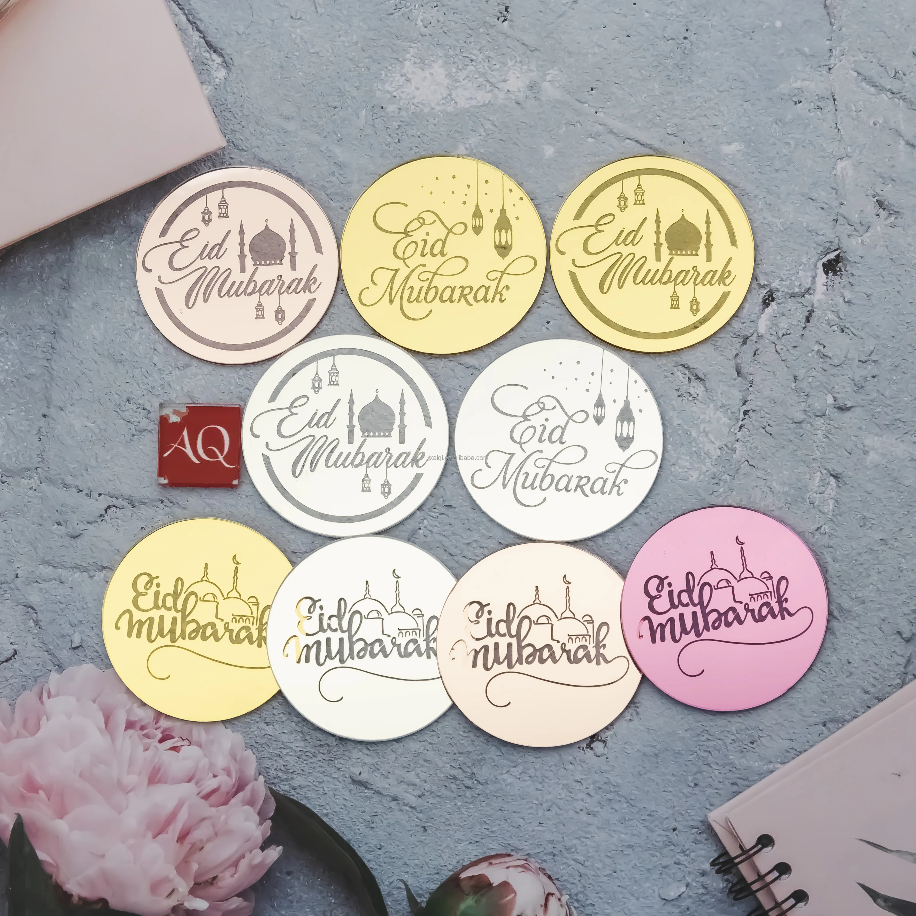 New Ins Eid Mubarak Laser Mark Shiny Gold Mirror Cupcake Topper Disc RAMADAN Cake Decorating Supplies