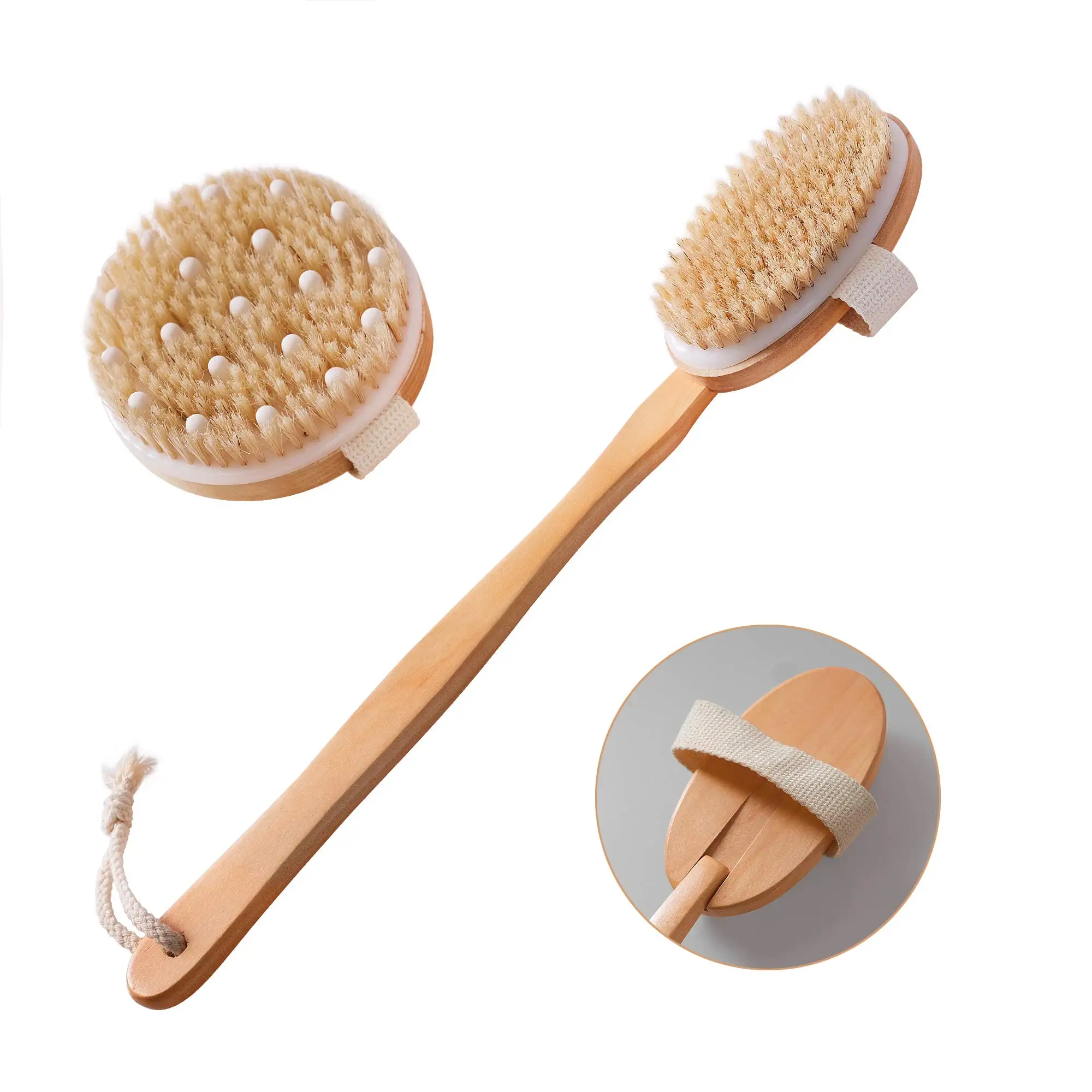 Luma Long Dry Back Scrubber Natural Bristle Dry Skin Exfoliating Soap Brushing Body Bath Brush Set