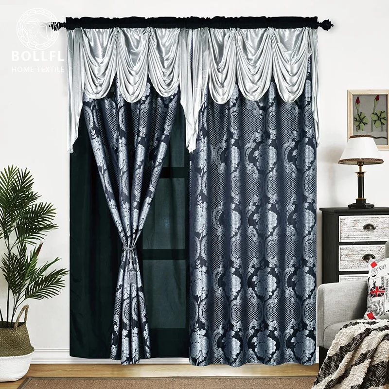 Burgundy Color Design  Shiny Fancy Jacquard Curtain with Attach Valance Accept Customization