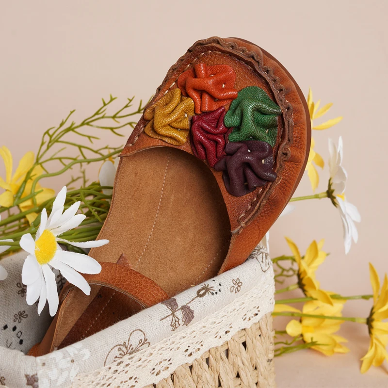 
Women Fancy Flat Shoe Loafer Floral Bohemian Round Toe Handmade Genuine Leather Casual Soft Sole Shoe Lady Ballet Shoe 