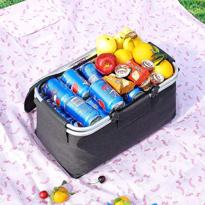 Picnic basket Oxford cloth solid color insulation basket Thickened aluminum film lunch bag insulation bag outdoor picnic ice bag