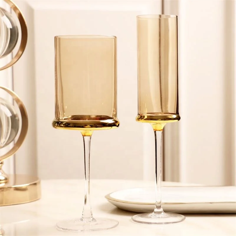 Amber Straight Square Plating Crystal Champagne Flutes Glass Wine Goblet Glasses