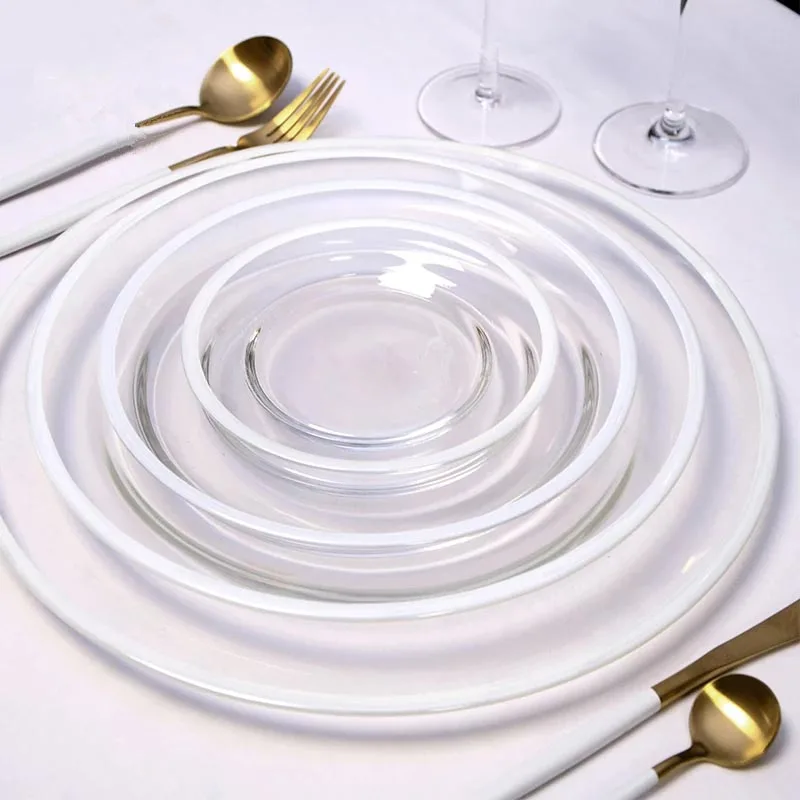 Decorative White Silver Rim Tableware Transparent Round Black Rim Dinner Plates Gold Rim Glass Charger Plate for Wedding