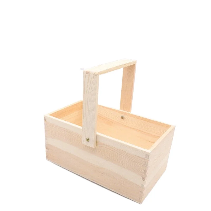 Custom logo natural wooden gift box with handle solid wood storage basket case