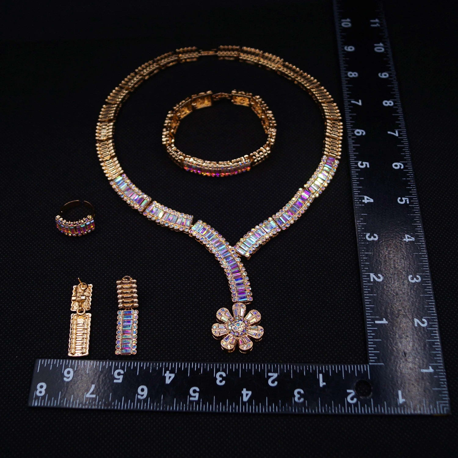Flower Fashion Wholesale Bridal Jewelry Set Colorful Rhinestone Zircon Jewelry Set High Quality Simple Four-piece Jewelry Set