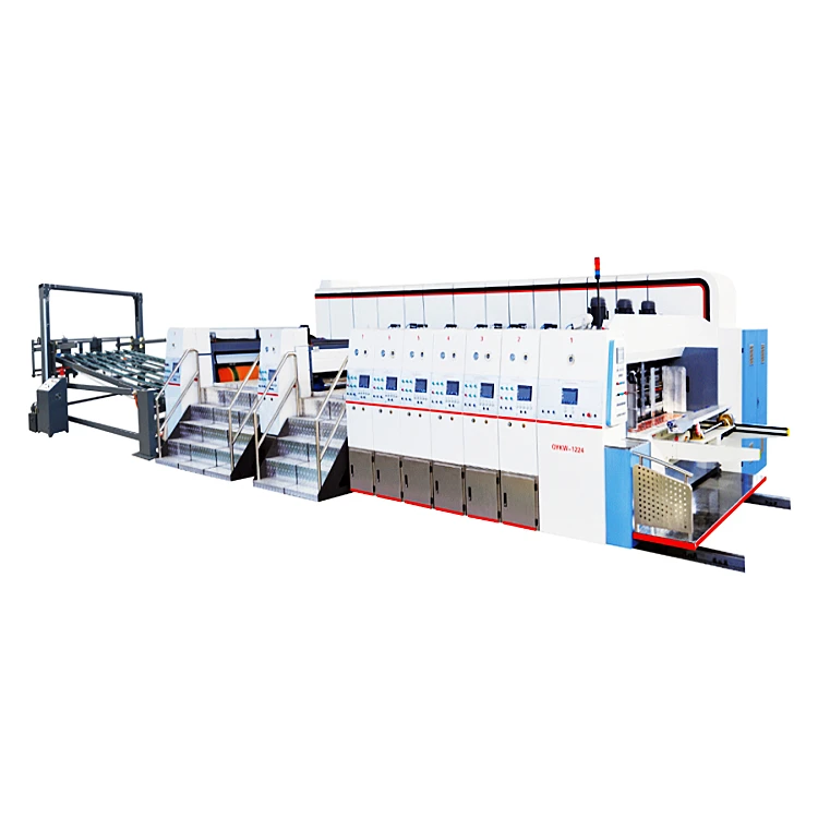 Fully Servo Model High Speed Carton Flexo Ink Four Colors Printing Dryer Slotting Die Cutting Vibration Stacker Machine