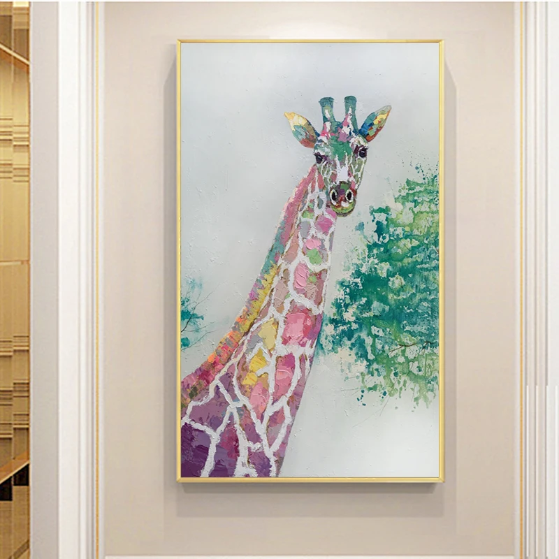 custom Decor Hand Painted Animal lovely Colorful Giraffe Oil Painting By handmade Wall Art Canvas Deer Painting