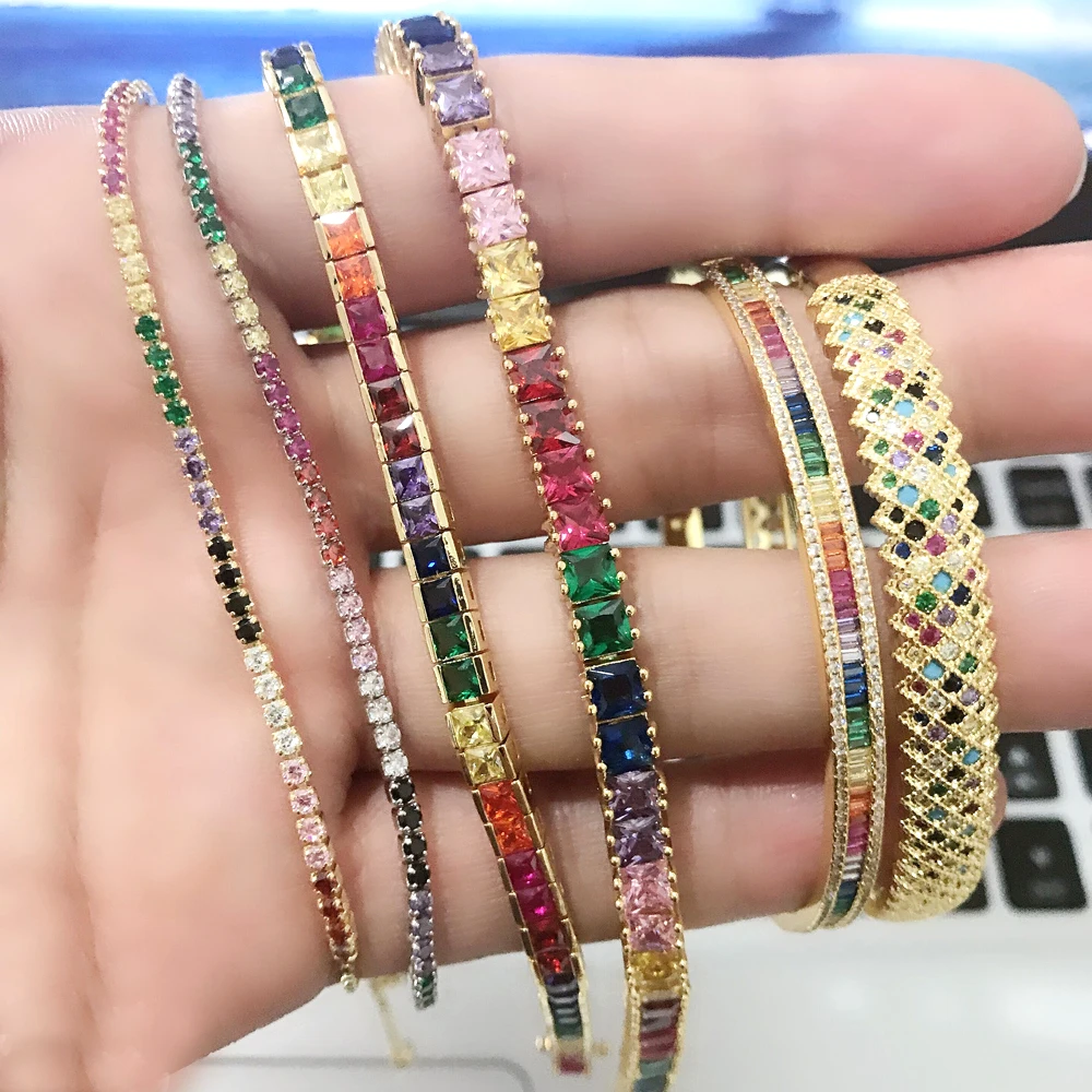Promotion New arrived rainbow cz paved bridge bracelet bangle for women lady wedding tennis bracelet with colorful cz stone