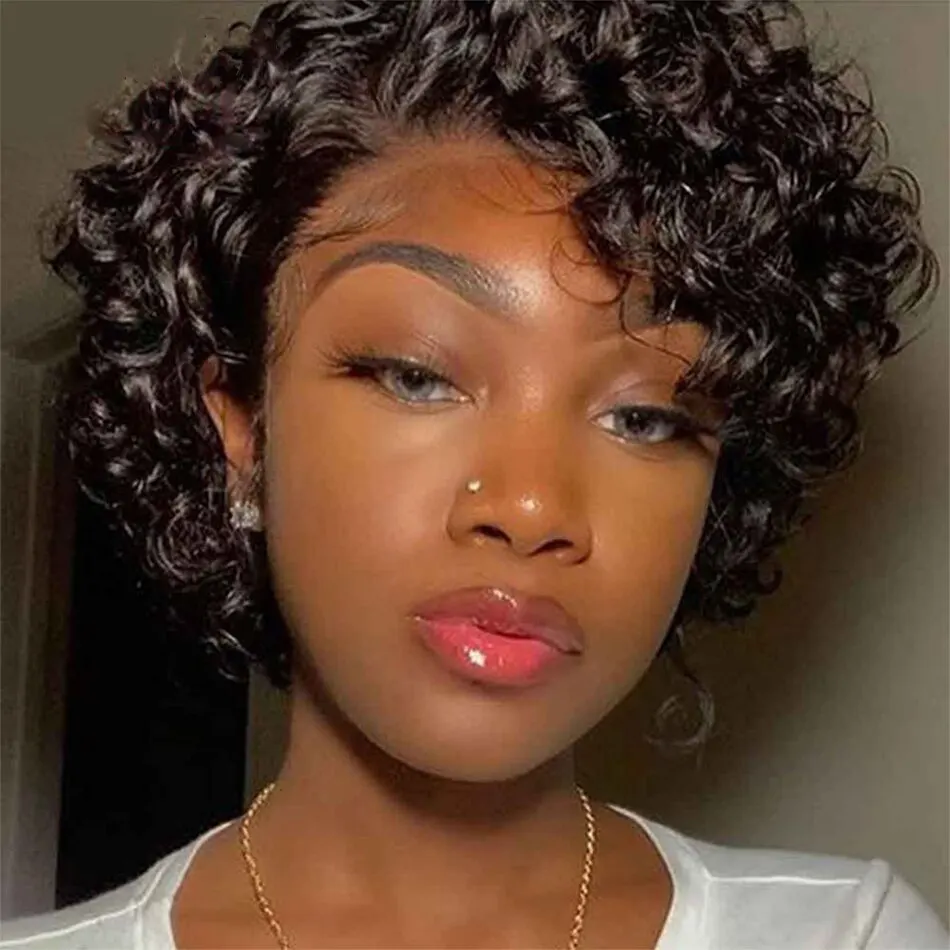 Hotsale Curly Pixie Cut Wig Human Hair Short Water Wave Bob Wig 13x1 HD Lace Brazilian Remy Human Hair Wigs For Black Women
