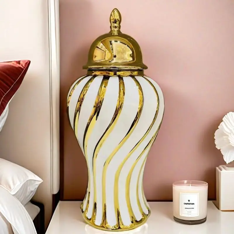 Nordic Luxury Big Flower Vase Home Decor Vertical Striped Gold Electroplated Porcelain Tall Ginger Jar Ornament for Lobby