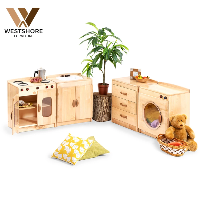 Kindergarten Birch Play Shop With Baskets & Crates Preschool Furniture Daycare Role Play Toddler Kitchen Set 4Pcs Montessori