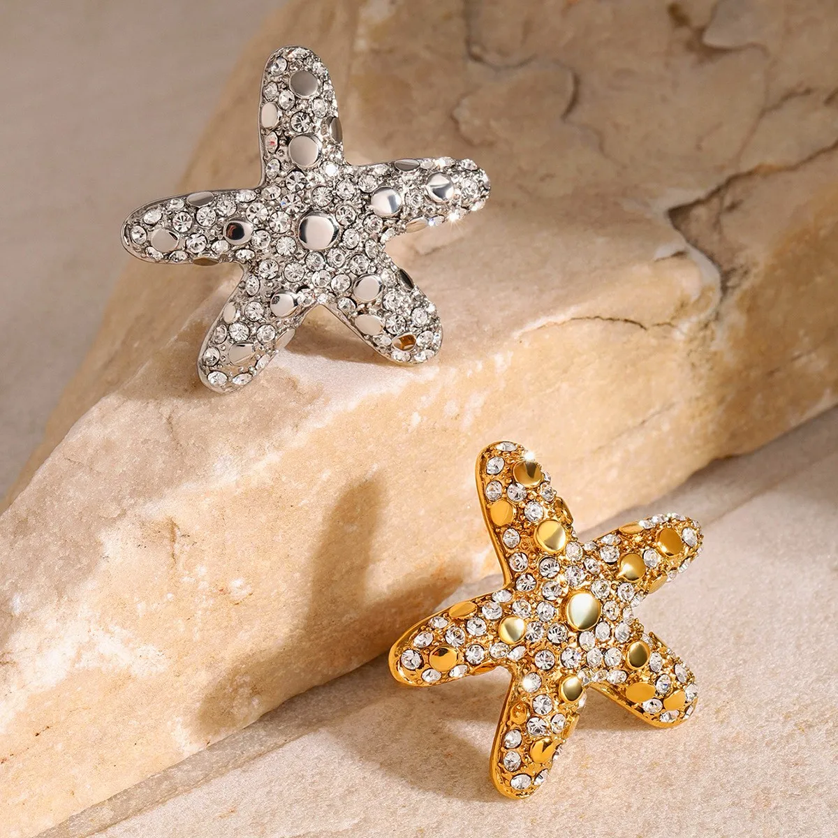 New Ocean Series Starfish Stainless Steel Ring Geometric Zircon 18k Pvd Coated Waterproof Non-fading Fashion Jewelry Ring