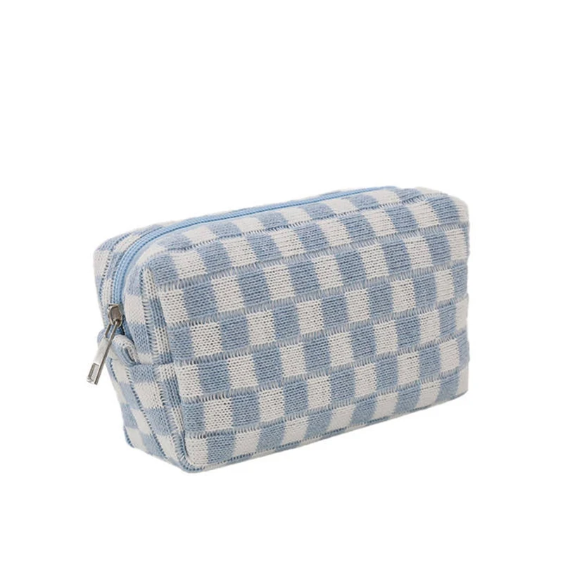 Women Fashion Checkerboard Lattice Custom Promotional Cosmetic Bag Knitted Fabric Cosmetic Organizer Zipper Pouch for Makeup ODM