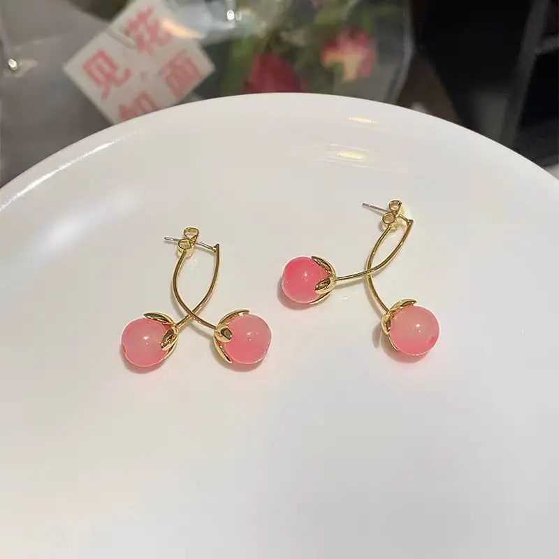 Korean Style Temperament Pink White Cherry Fruit Fringe Drop Stud Earrings for Women Girls Fashion Jewelry Daily Party