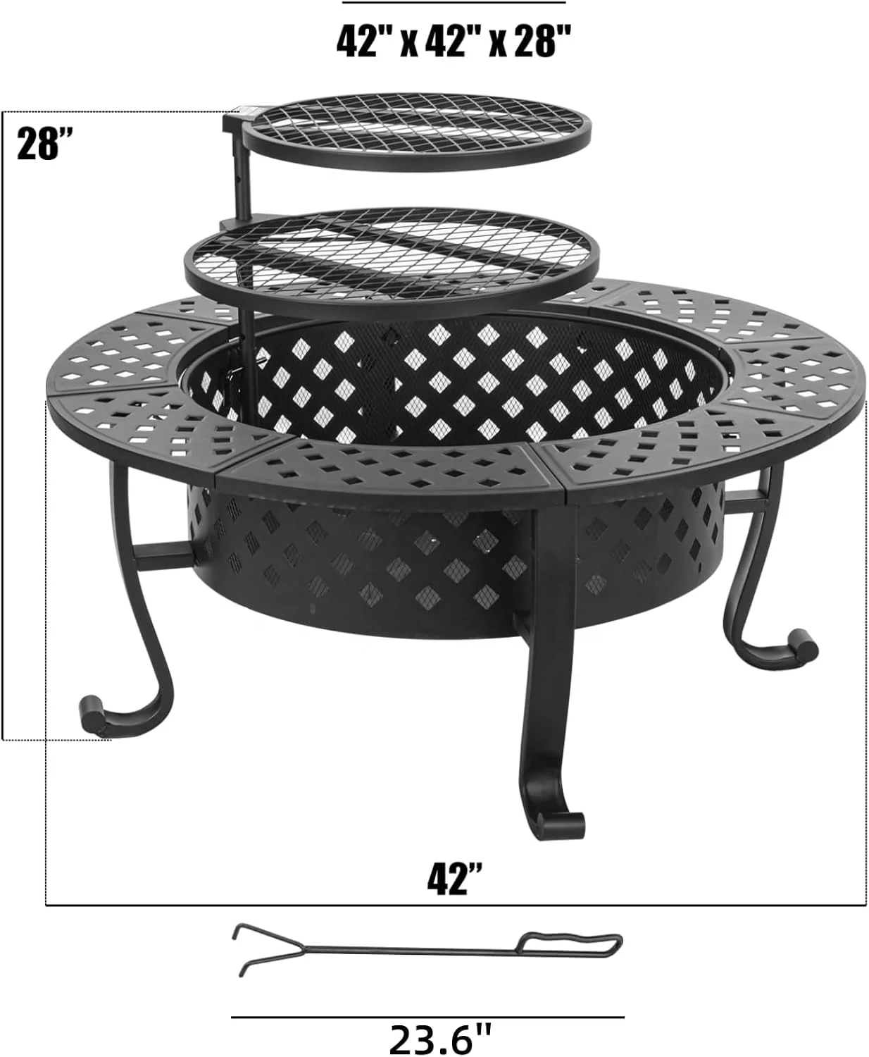 Hotsales 42 Inch Fire Pit, 2 BBQ Grills Wood Burning Picnic Party Pits Lid, Fire Poker Outdoor Firepit Outside Round Metal Table