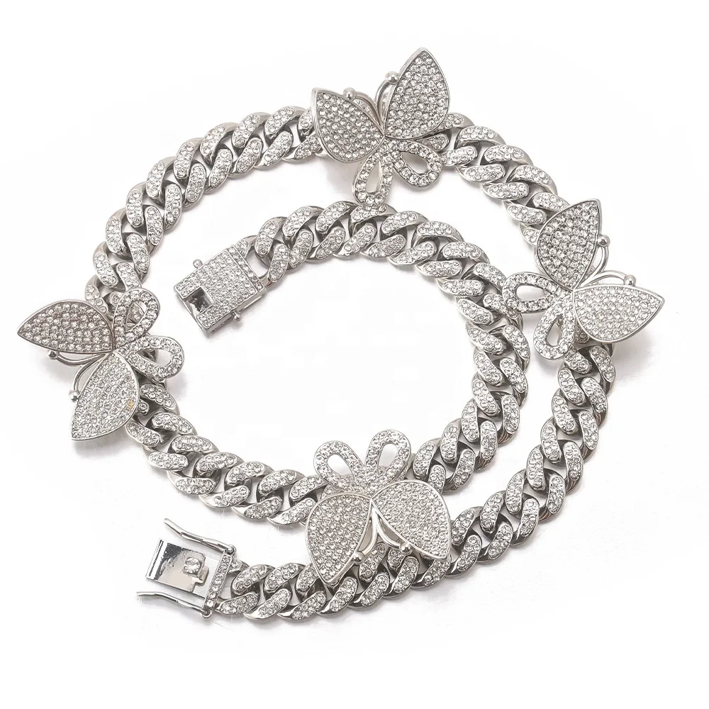 Custom Ice Out Cuban Link Chain Butterfly Charms Necklace Jewelry