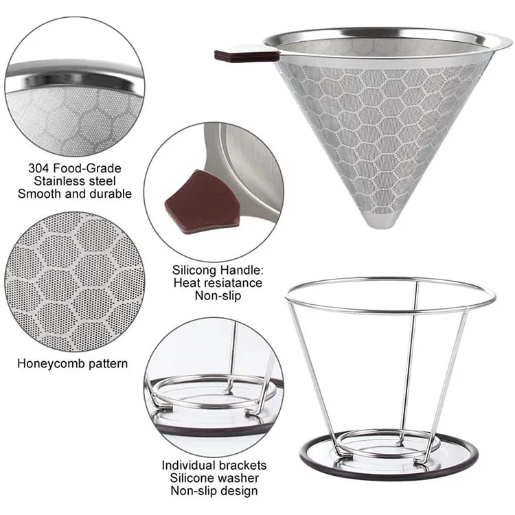 Silver Cone Shape 304 Stainless Steel Coffee Filter Drip For Cafe