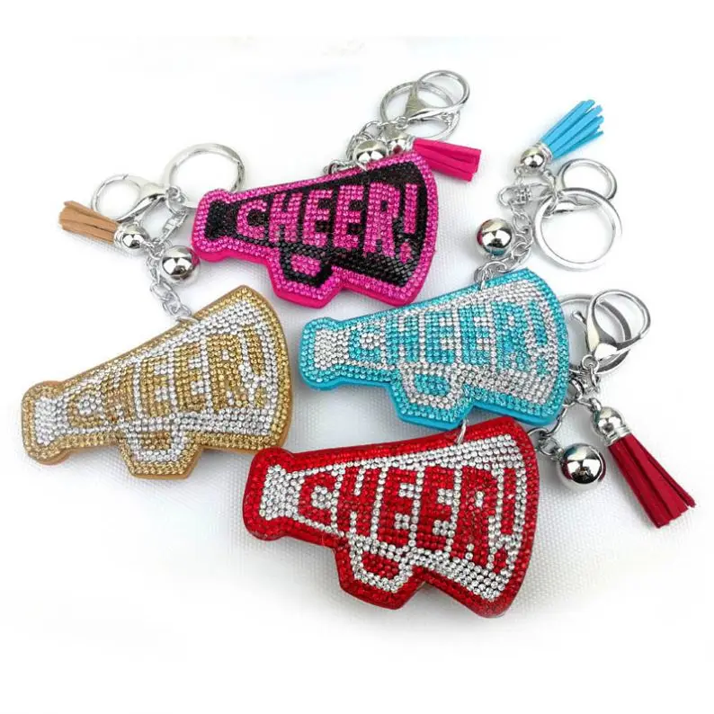 free sample Diamond trumpet Up cheerleading Bling sparkly Keychains squad team Superfan Popcorn Cheer Mega phone tassel keyring