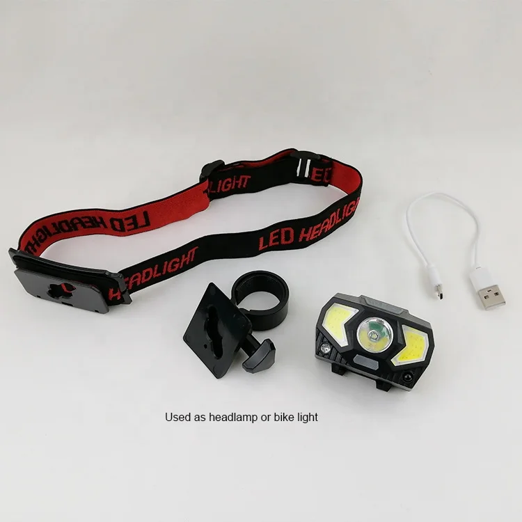 2 in 1 USB Rechargeable Headlamp Sensor COB Front Bike Bicycle Light Head Lamp LED Headlight