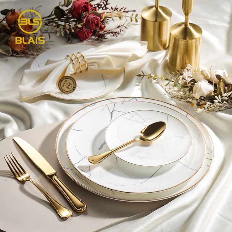 modern simple dining wedding gold rim white porcelain ceramic marble plate dinnerware set, bone china luxury table setting