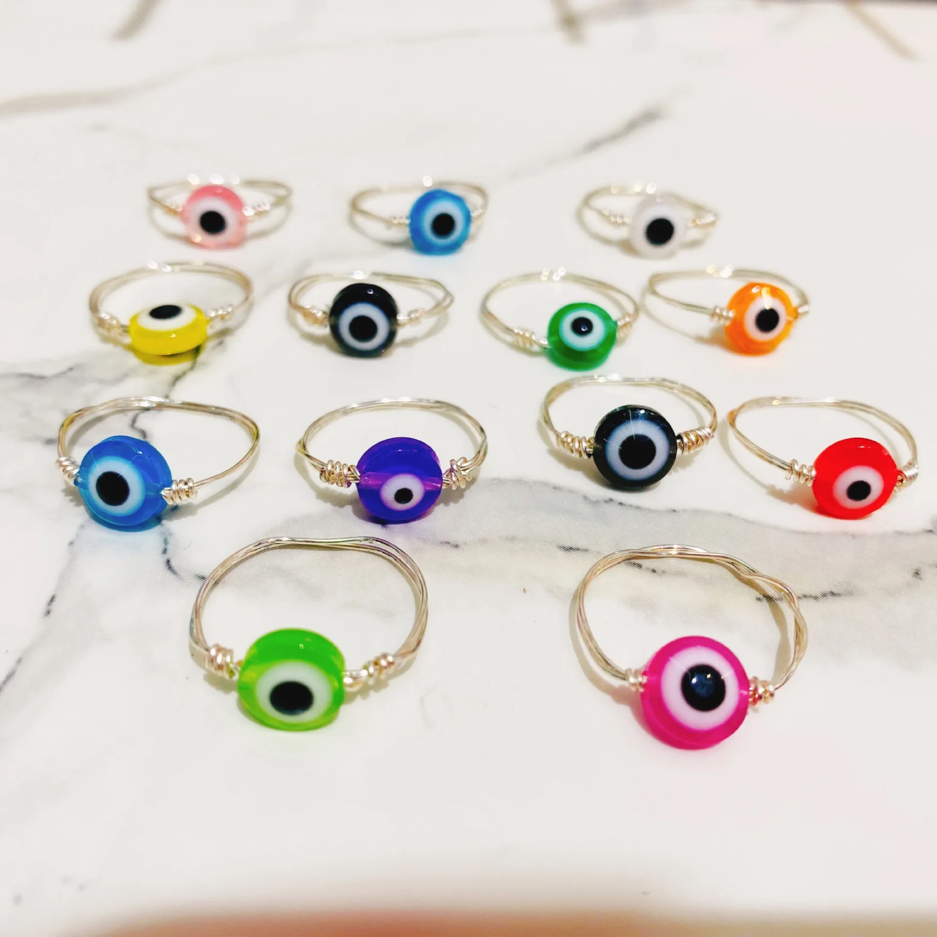 New colorful Fashion Blue Evil Eye Beads Rings Wire Wrapped Rings For Women Lucky Demon Eyes Party Finger Ring Aesthetic Jewelry