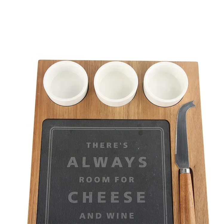 Customized material and shape wooden cheese board with dipping bowl and slate cutting board,cheese knife set