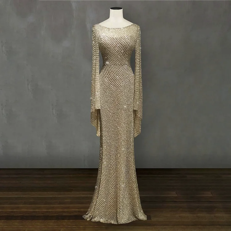 Formal luxury long sleeve sequin mermaid party shiny gold prom evening dresses