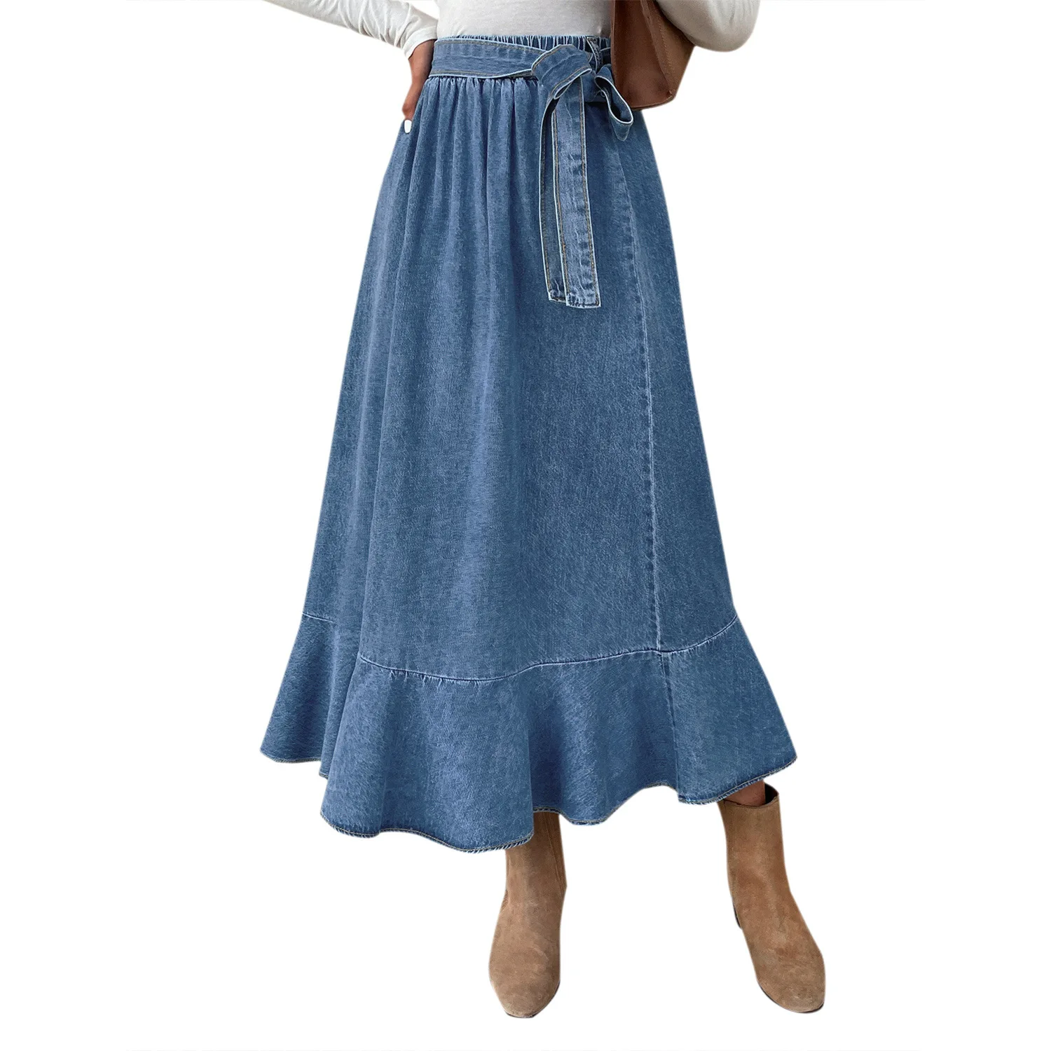 Wholesale European and American Casual Denim Skirt For Women High waist Long Ruffled Pleated Skirt