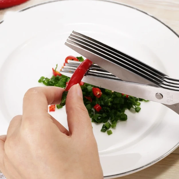 Multi-Function Vegetable Herb Scissors Home Kitchen Tools Stainless Steel Stripper Brush Shears