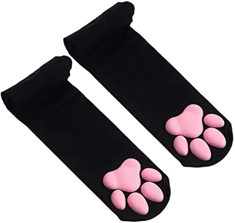 Girls Women Cosplay Soft 3D Kitten Paw Pad Toe Beans Mittens Stockings  Cat Paw Thigh High Socks Golves