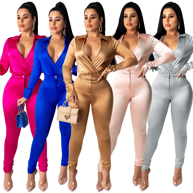 
Fall 2020 Women Clothes Plus Size Two Piece Outfits Stacked Leggings Long Sleeve V-Neck Solid Color Stack Pants Sexy 2 Piece 
