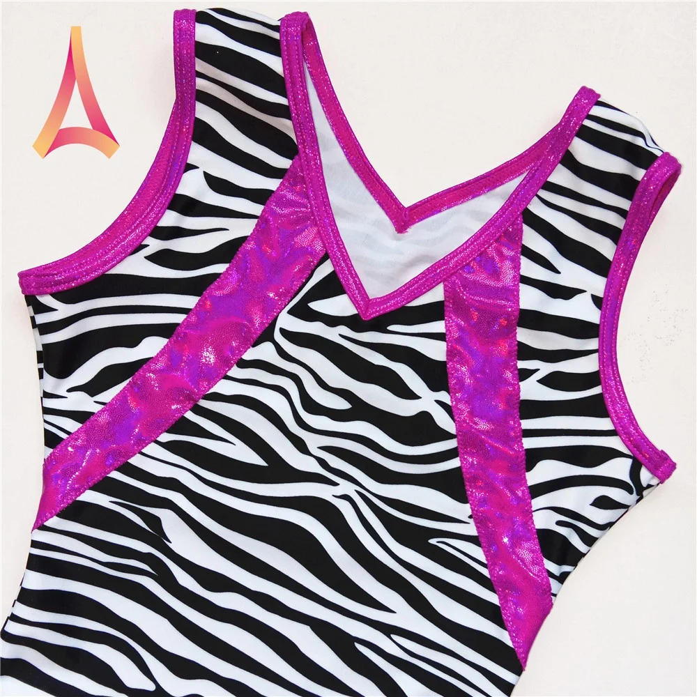 Zebra-print Leotards Gymnastics for Kids accented with colorblock stripes