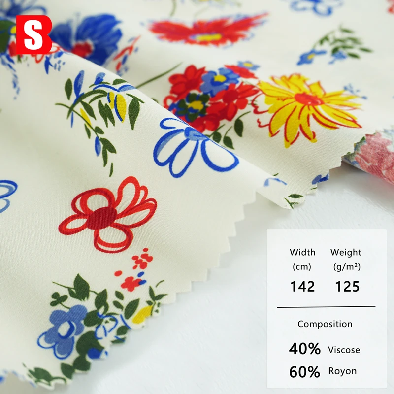 Comprehensive Price Fashionable Floral Designs 125gsm 40% Viscose 60% Rayon Blend Crepe Fabric Digital Printed For Women Dress