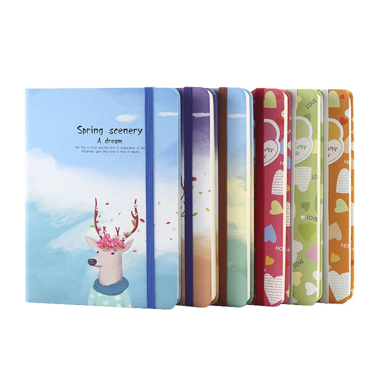 Cute cheap custom mini full color printing art paper hard cover School Notebook A5 B6 with elastic band