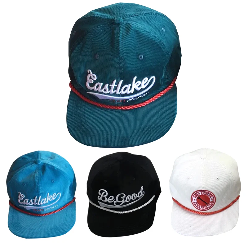 Vintage Custom Distressed 6-Panel Embroidery Gorras Unstructured Flat Bill Retro Snapback Caps for Men Corduroy Rope Design