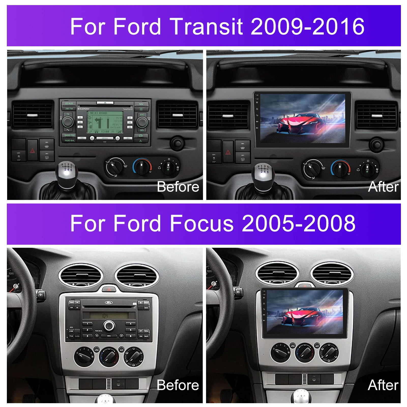 Автомагнитола Podofo Android 4 + 64G 9 дюймов беспроводная автомагнитола 2009-2016/ Ford Focus 2005-2008