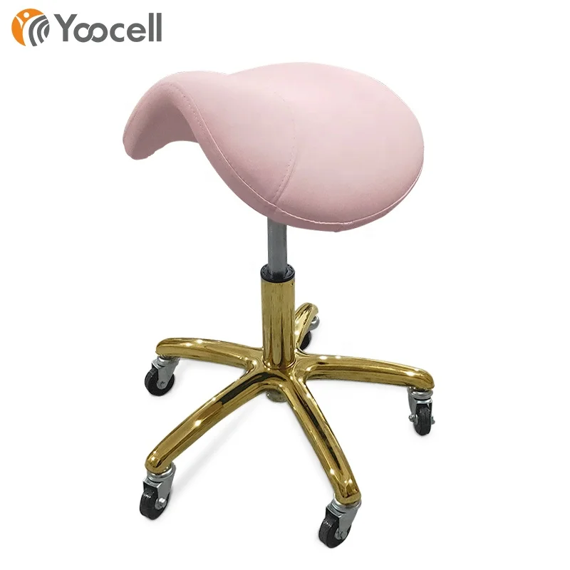 
Yoocell hot-sale makeup salon chair pink color leather with stainless steel gold base saddle salon stool chair for nail salon 