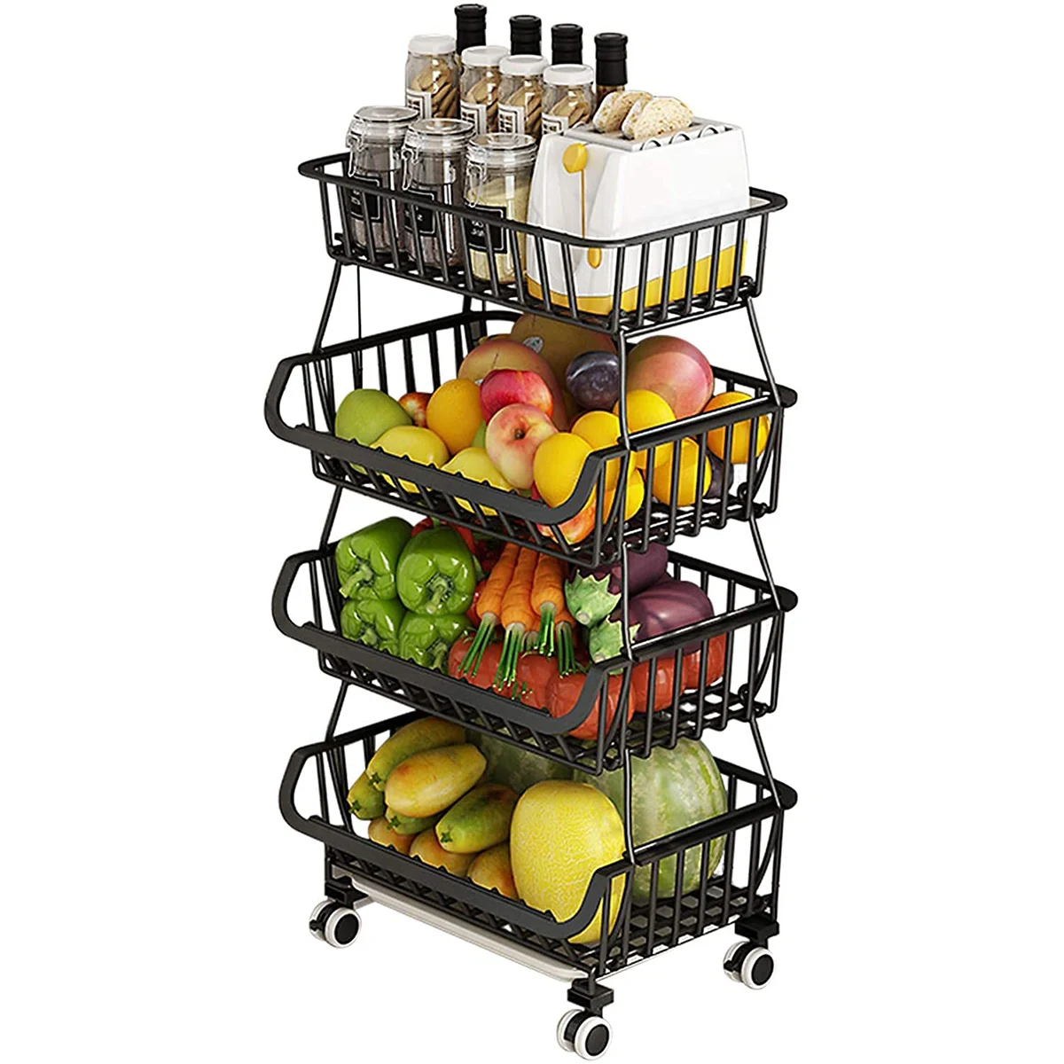 Rolling Stackable Wire Baskets Storage Bins 4 Tier Metal Utility Stainless Steel Organizer Kitchen Baskets Rack