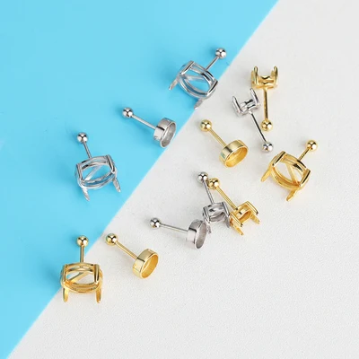 Inlay Jade Pearl Earring Setting 925 Sterling Silver Blank Stud Earring Base for Jewelry Making