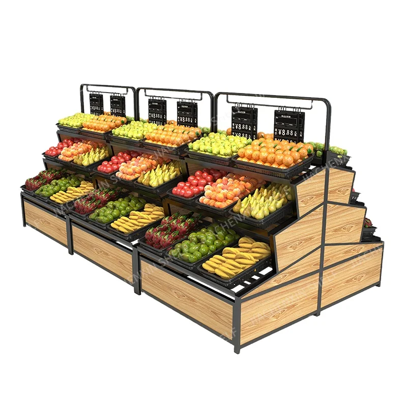 Wholesale Price Shelf Manufacture Metal Wooden Fruit and Vegetable Display Rack Stand for Fresh Store With Logo
