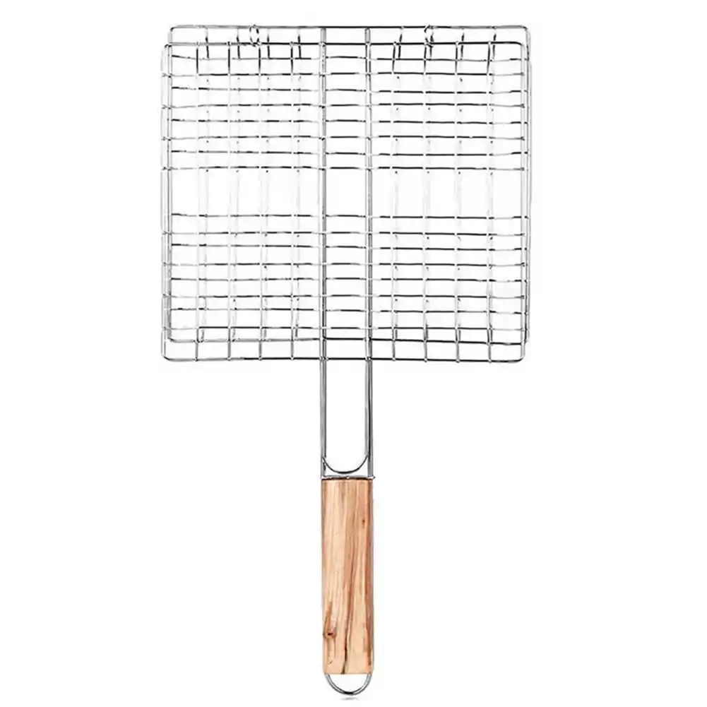 Wire BBQ Net Barbecue Grilling Basket BBQ Net Wooden Handle Meat Fish Clip Holder Durable Barbecue Supply Camp