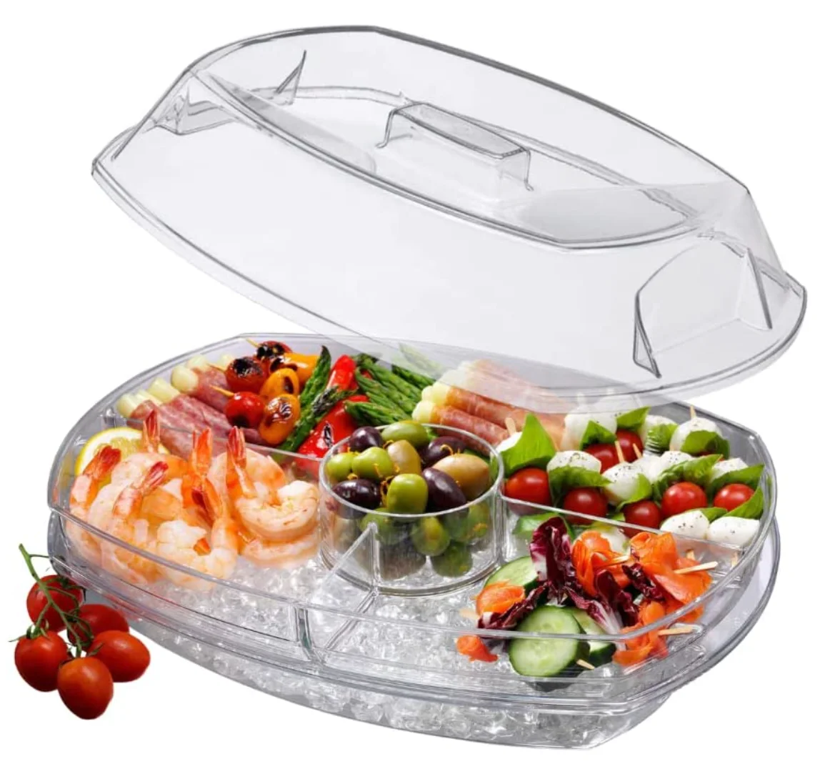Simply InStyle Appetizer Serving Tray on Ice with Lid, 3 Layers 15 Inch Party Platter with 4 Compartments,Ice Chilled Tray